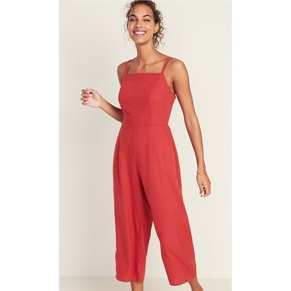 Old Navy Jumpsuit Plus Size 4X Orange Linen Blend Square Neck Smocked Pockets